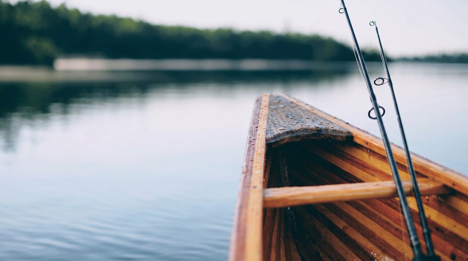 Bow of a wooden canoe with two fishing rods on a calm lake, a tree-lined shore blurred in the distance