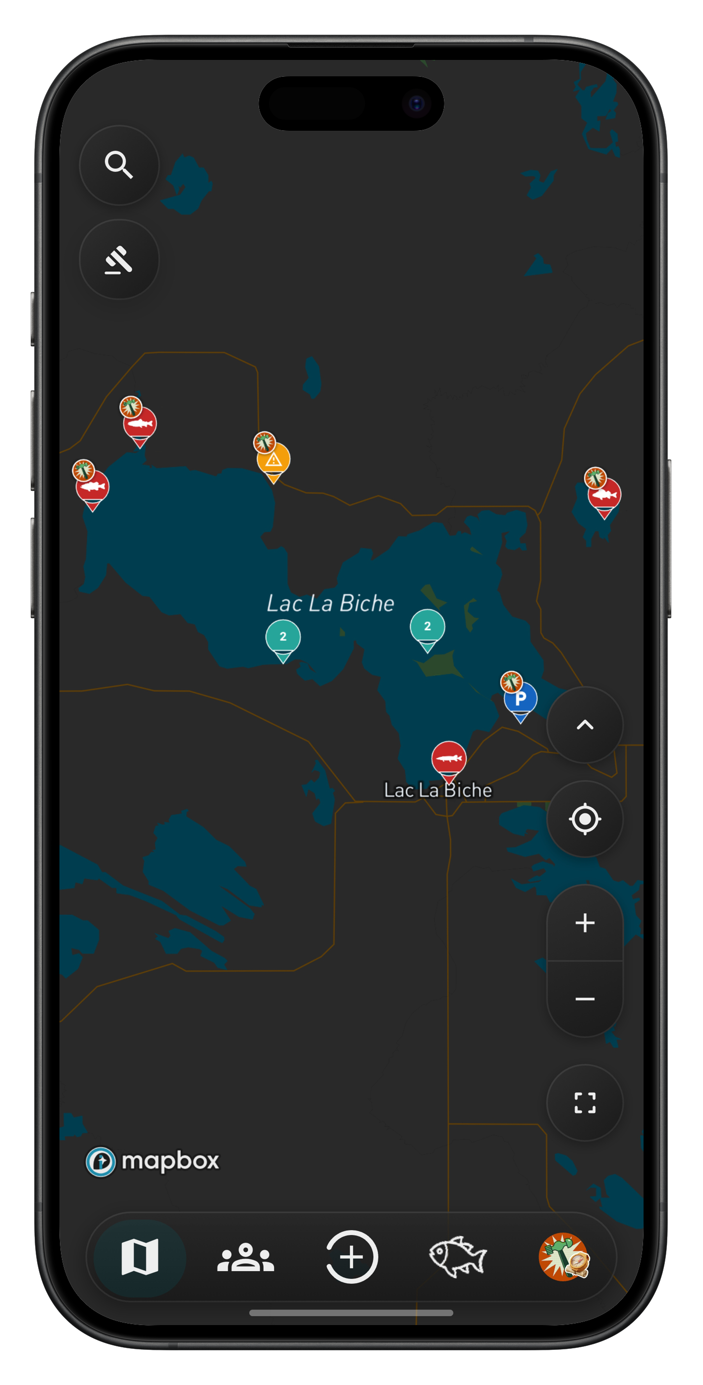 Mapa de Vobbl con capturas, un obstáculo y un estacionamiento en Lac La Biche